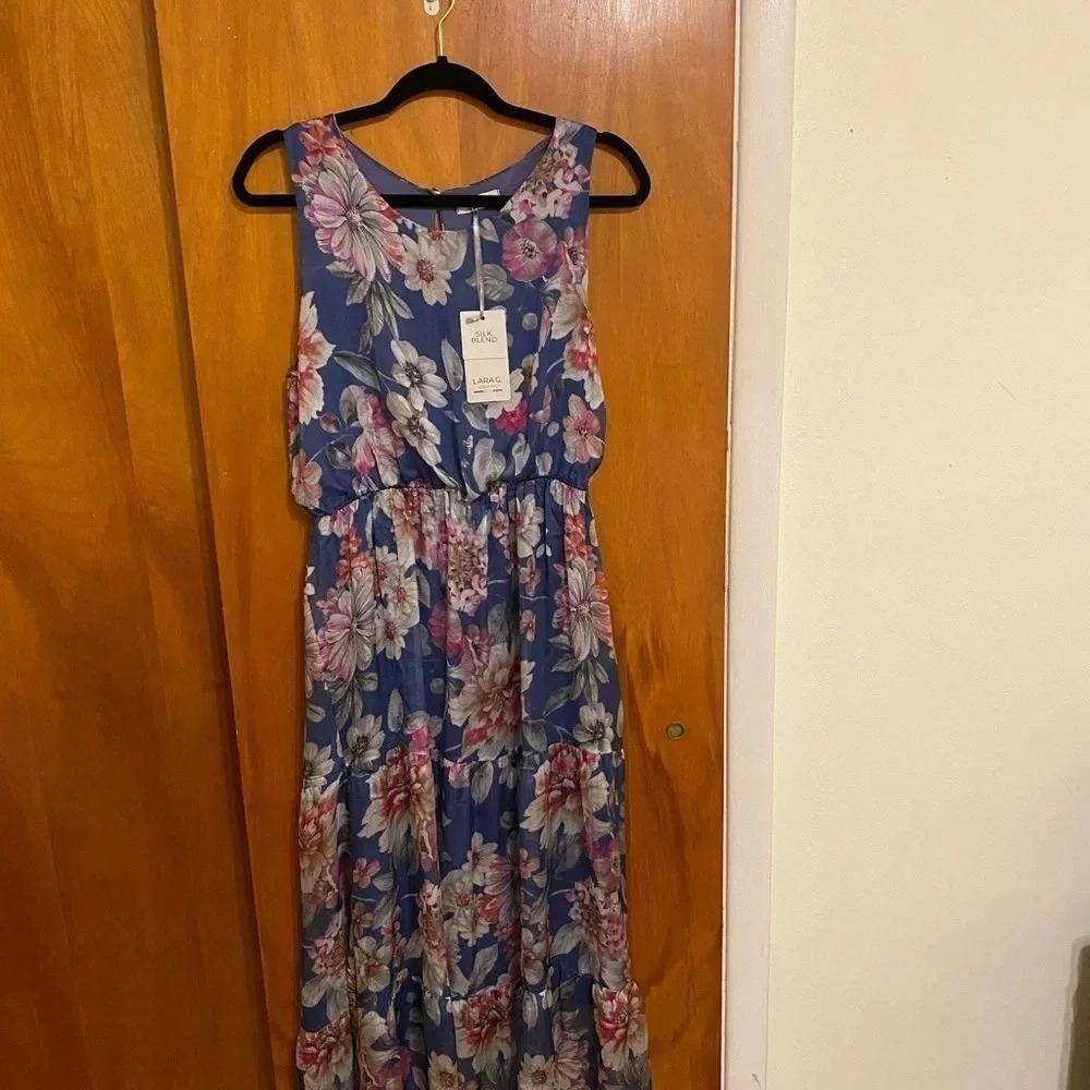 Laraq Silk Blend Denim Floral Maxi Dress Women’s Size Large - Picture 3 of 10